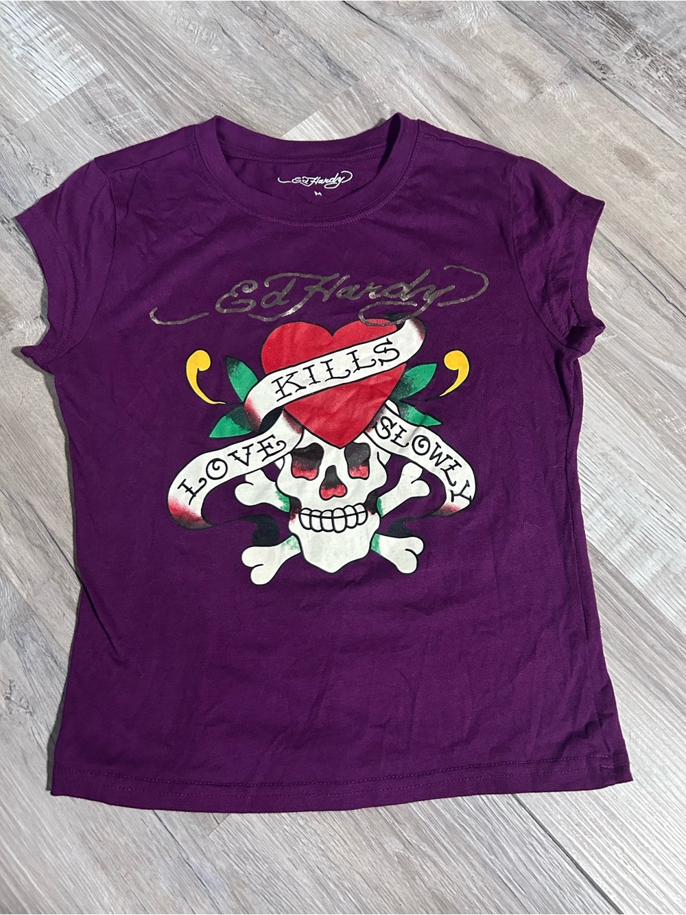 Ed Hardy Purple LOVE KILLS SLOWLY Tee Medium